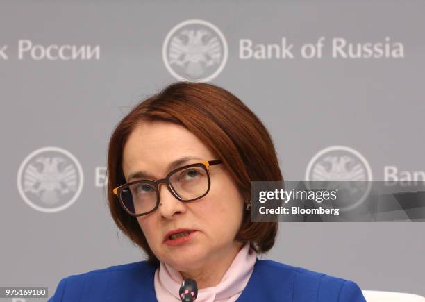 Elvira Nabiullina, governor of Russia's central bank, speaks during a news conference following an interest rate announcement in Moscow, Russia, on...