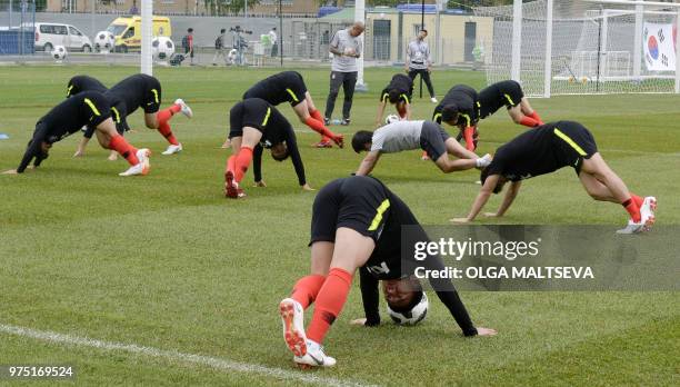 South Korea's players take part in a training session at the Spartak Stadium in Saint Petersburg on June 15 during the Russia 2018 World Cup football...