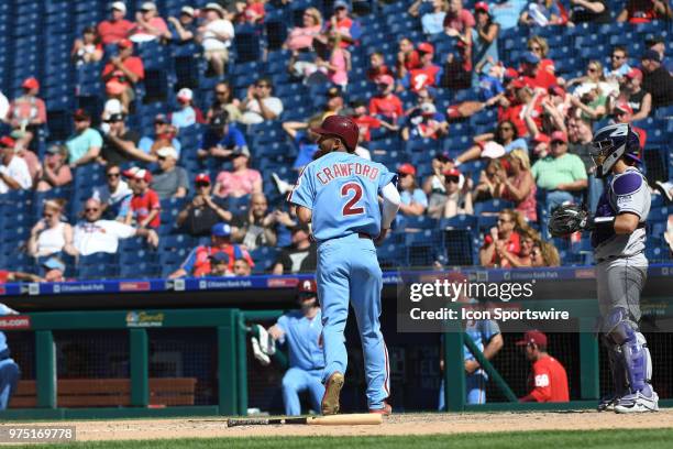 Philadelphia Phillies Infield J.P. Crawford crosses the plate during the MLB baseball game between the Philadelphia Phillies and the Colorado Rockies...