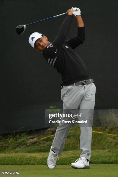 Xander Schauffele of the United States plays his shot from the fourth tee during the second round of the 2018 U.S. Open at Shinnecock Hills Golf Club...