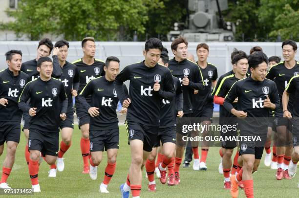 South Korea's players take part in a training session at the Spartak Stadium in Saint Petersburg on June 15 during the Russia 2018 World Cup football...