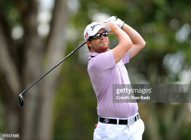 Aaron Watkins hits from the 11th tee box during the final round of the Pacific Rubiales Bogota Open Presented by Samsung at Country Club de Bogota on...