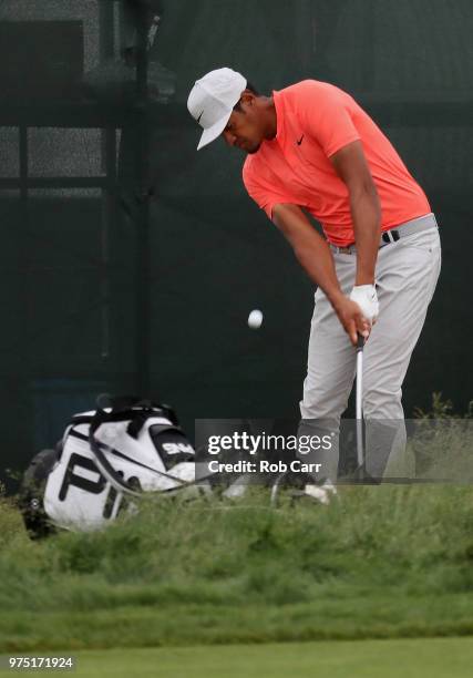 Tony Finau of the United States takes his second shot on the 13th hole during the second round of the 2018 U.S. Open at Shinnecock Hills Golf Club on...