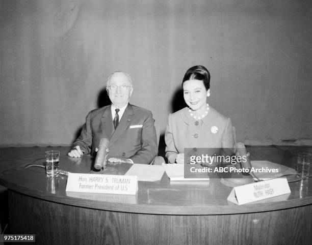 Former President Harry S Truman, Ruth Hagy appearing on 'College News Conference'.