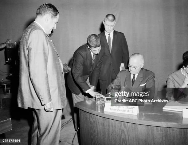 Former President Harry S Truman appearing on 'College News Conference'.