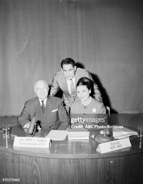 Former President Harry S Truman, Ruth Hagy appearing on 'College News Conference'.