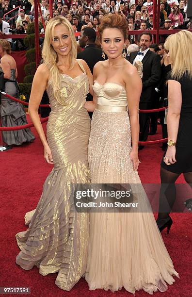 Tish Cyrus and daughter singer/actress Miley Cyrus arrive at the 82nd Annual Academy Awards held at Kodak Theatre on March 7, 2010 in Hollywood,...