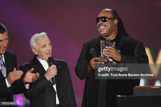 Stevie Wonder receives Awards from Charles Aznavour during the 25th Victoires de la Musique at Zenith de Paris on March 6, 2010 in Paris, France.