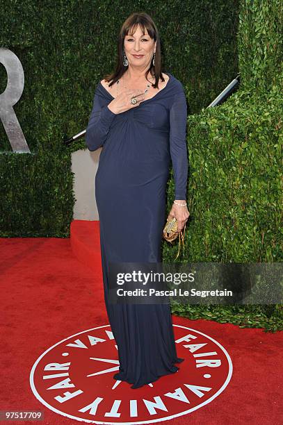 Actress Anjelica Huston arrives at the 2010 Vanity Fair Oscar Party hosted by Graydon Carter held at Sunset Tower on March 7, 2010 in West Hollywood,...