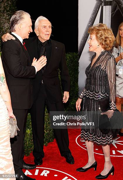 Peronality Bill Mahr, actor Kirk Douglas and wife Anne Buydens attend the 2010 Vanity Fair Oscar Party hosted by Graydon Carter at the Sunset Tower...