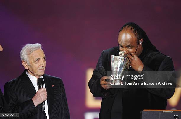 Stevie Wonder receives Awards from Charles Aznavour during the 25th Victoires de la Musique at Zenith de Paris on March 6, 2010 in Paris, France.