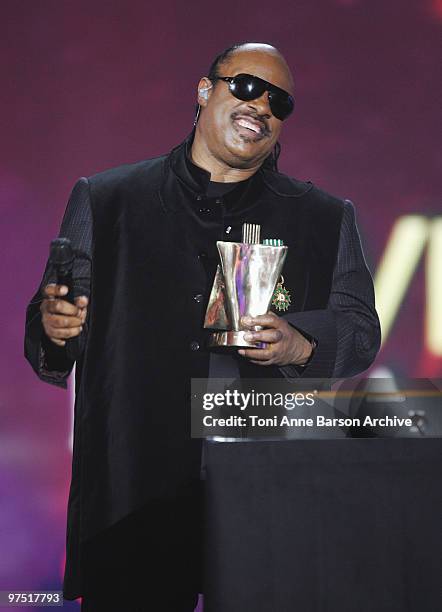 Stevie Wonder receives Awards from Charles Aznavour during the 25th Victoires de la Musique at Zenith de Paris on March 6, 2010 in Paris, France.