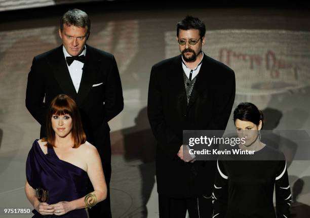 Actors Molly Ringwald, Anthony Michael Hall, Judd Nelson and Ally Sheedy present tribute to late director John Hughes onstage during the 82nd Annual...