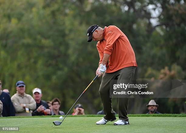 Tom Lehman tees off on during the final round of the Toshiba Classic at Newport Beach Country Club on March 7, 2010 in Newport Beach, California.