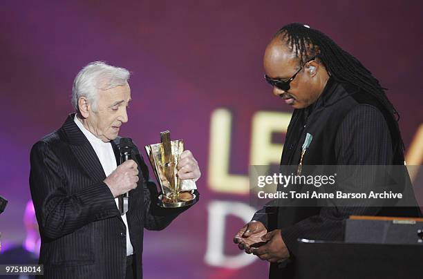 Stevie Wonder receives Awards from Charles Aznavour during the 25th Victoires de la Musique at Zenith de Paris on March 6, 2010 in Paris, France.