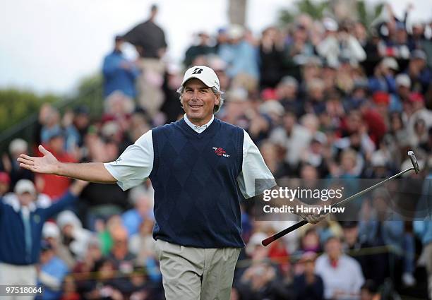 Fred Couples celebrates his win on the 18th green during the third round of the Toshiba Classic at the Newport Beach Country Club on March 7, 2010 in...
