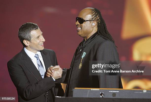 Nagui and Stevie Wonder during the 25th Victoires de la Musique at Zenith de Paris on March 6, 2010 in Paris, France.