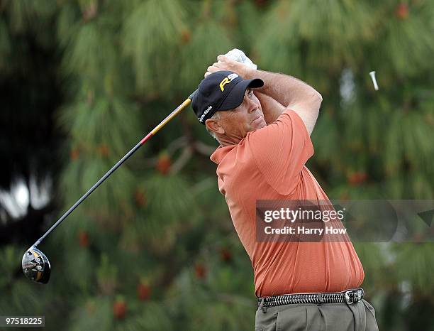 Tom Lehman watches his tee shot on the 18th hole during the third round of the Toshiba Classic at the Newport Beach Country Club on March 7, 2010 in...