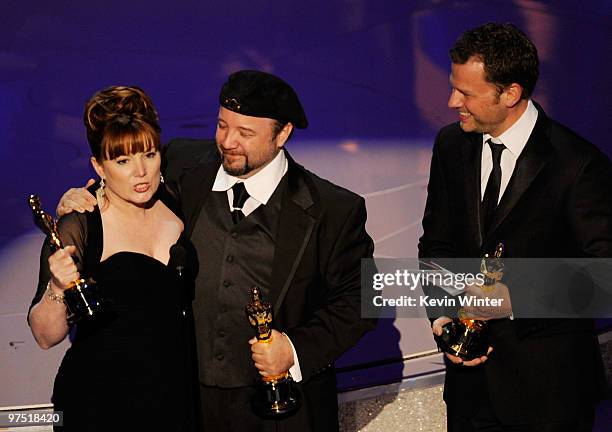 Makeup artists Mindy Hall, Barney Burman and Joel Harlow accept the Best Makeup award for "Star Trek" onstage during the 82nd Annual Academy Awards...