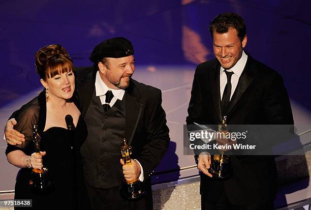 Makeup artists Mindy Hall, Barney Burman and Joel Harlow accept the Best Makeup award for "Star Trek" onstage during the 82nd Annual Academy Awards...