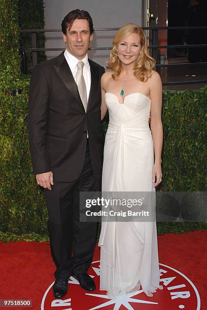 Actor Jon Hamm and actress Jennifer Westfeldt arrive at the 2010 Vanity Fair Oscar Party hosted by Graydon Carter held at Sunset Tower on March 7,...