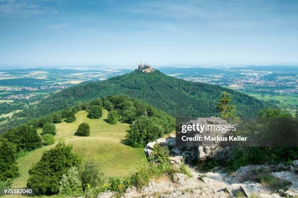 view from the lookout point zeller horn across the zollernalb with hohenzollern castle, zollernalb district, baden-wuerttemberg, germany - burg hohenzollern stockfoto's en -beelden