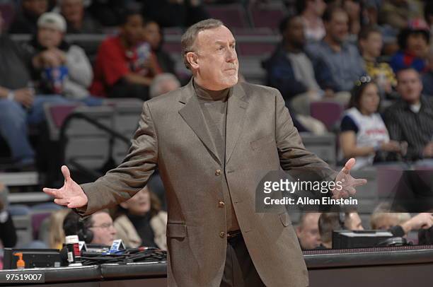 Head Coach Rick Adelman of the Houston Rockets reacts during a game against the Detroit Pistons in a game at the Palace of Auburn Hills on March 7,...