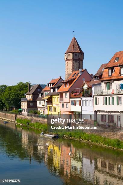 spitzer turm tower and river tauber, wertheim, tauberfranken, baden-wuerttemberg, germany - turm stock pictures, royalty-free photos & images