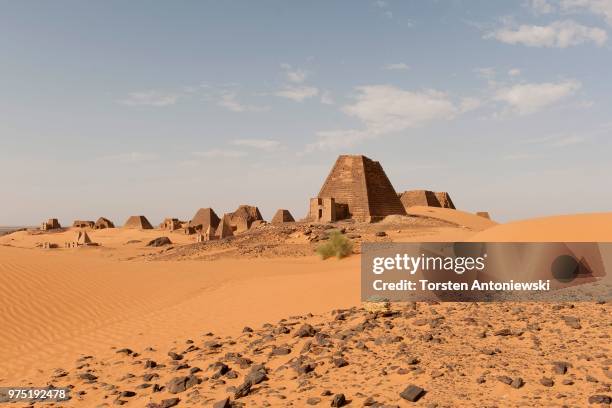 view onto the black pyramids of meroe, nubian desert, nubia, nahr an-nil, sudan - meroe bildbanksfoton och bilder