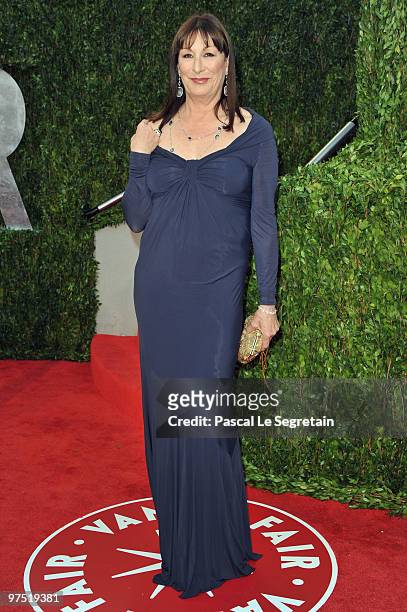 Actress Anjelica Huston arrives at the 2010 Vanity Fair Oscar Party hosted by Graydon Carter held at Sunset Tower on March 7, 2010 in West Hollywood,...