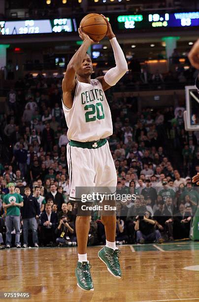 Ray Allen of the Boston Celtics shoots the game winning basket in the fourth quarter against the Washington Wizards on March 7, 2010 at the TD Garden...