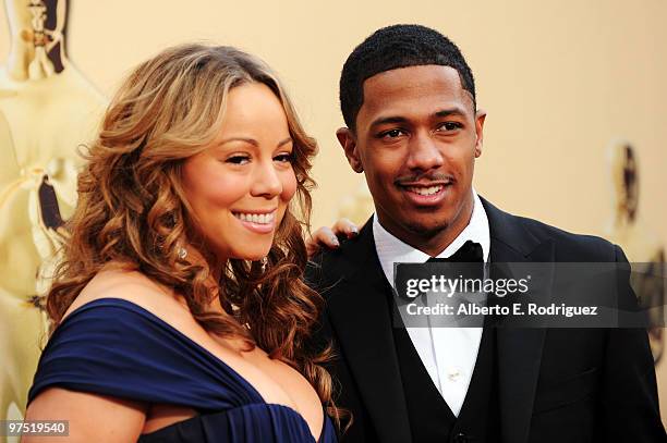 Actress Mariah Carey and husband Nick Cannon arrive at the 82nd Annual Academy Awards held at Kodak Theatre on March 7, 2010 in Hollywood, California.