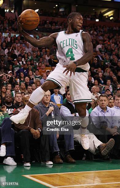 Nate Robinson of the Boston Celtics keeps the ball in bounds in the fourth quarter against the Washington Wizards on March 7, 2010 at the TD Garden...