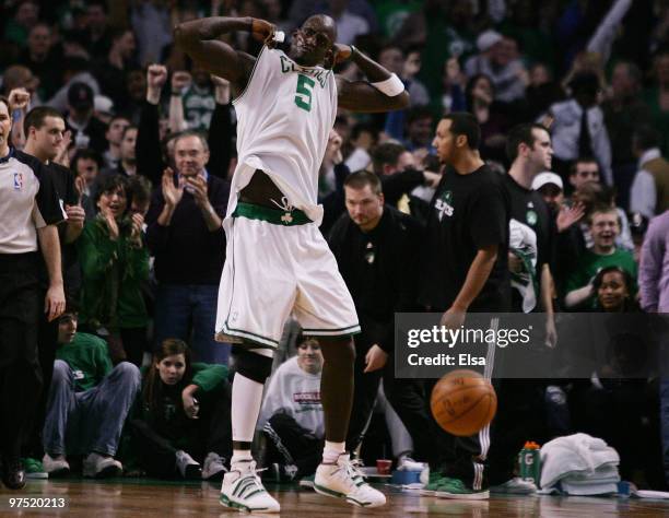 Kevin Garnett of the Boston Celtics celebrates the win over the Washington Wizards on March 7, 2010 at the TD Garden in Boston, Massachusetts. The...