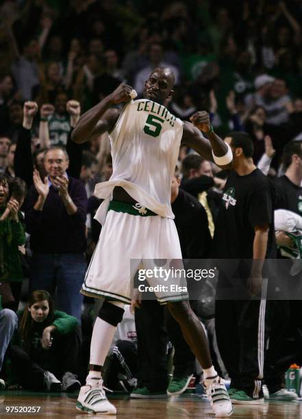 Kevin Garnett of the Boston Celtics celebrates the win over the Washington Wizards on March 7, 2010 at the TD Garden in Boston, Massachusetts. The...