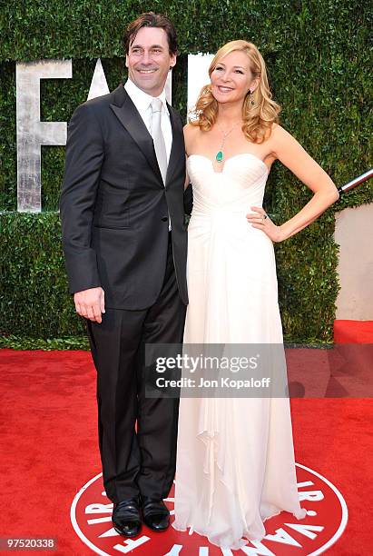 Actor Jon Hamm and actress Jennifer Westfeldt arrive at the 2010 Vanity Fair Oscar Party held at Sunset Tower on March 7, 2010 in West Hollywood,...