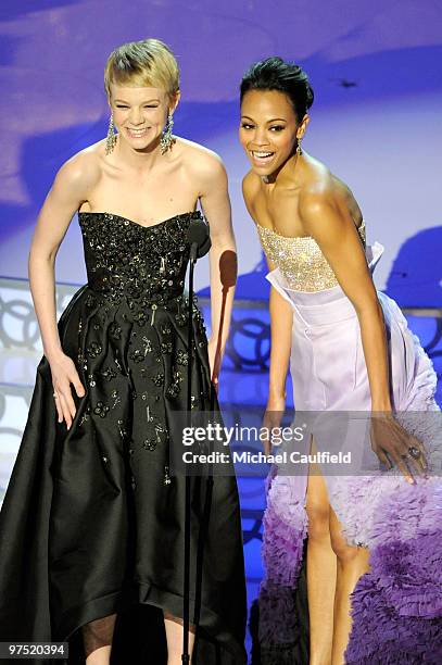 Presenters Carey Mulligan and Zoe Saldana onstage during the 82nd Annual Academy Awards held at Kodak Theatre on March 7, 2010 in Hollywood,...