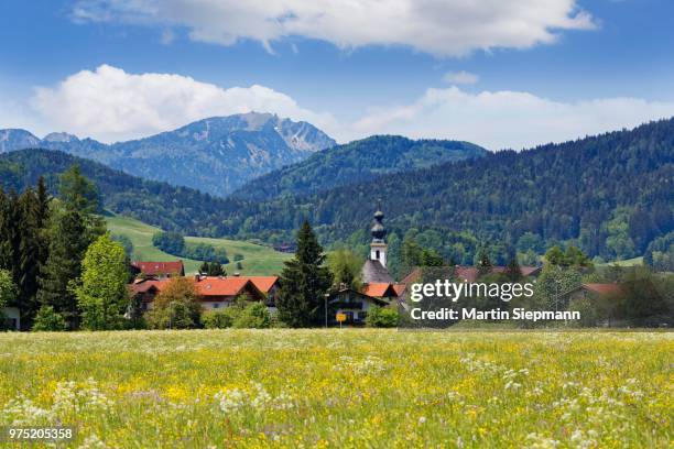 townscape, hochfelln mountain behind, chiemgau alps, inzell, chiemgau, upper bavaria, bavaria, germany - インツェル ストックフォトと画像