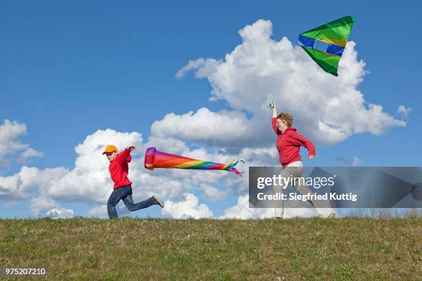 mother and son flying a kite and a windsock, germany - windsock stock pictures, royalty-free photos & images