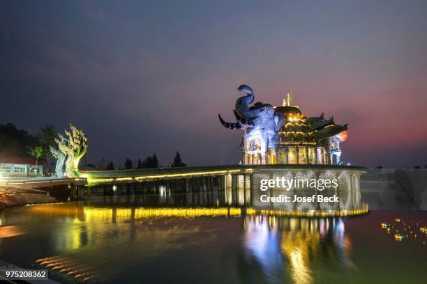 seven-headed naga serpent in front of the elephant temple thep wittayakhom vihara, in the evening, wittayakom, wat baan rai, korat, nakhon ratchasima province, isaan, isan, thailand - nakhon ratchasima stock pictures, royalty-free photos & images