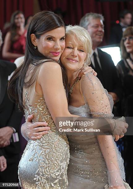 Actresses Sandra Bullock and Helen Mirren arrive at the 82nd Annual Academy Awards held at the Kodak Theatre on March 7, 2010 in Hollywood,...
