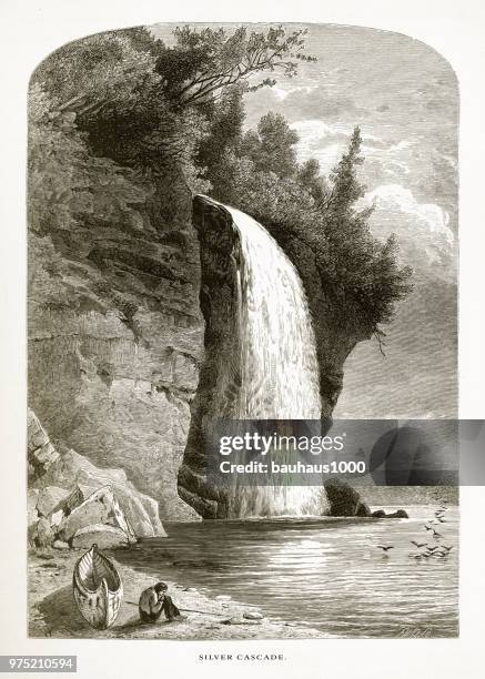 silver cascade, lake superior, minnesota, united states, american victorian engraving, 1872 - silver lake michigan stock illustrations