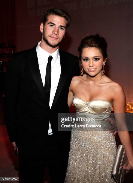 Actor Liam Hemsworth and Singer/Actress Miley Cyrus attend the 18th Annual Elton John AIDS Foundation Academy Award Party at Pacific Design Center on...