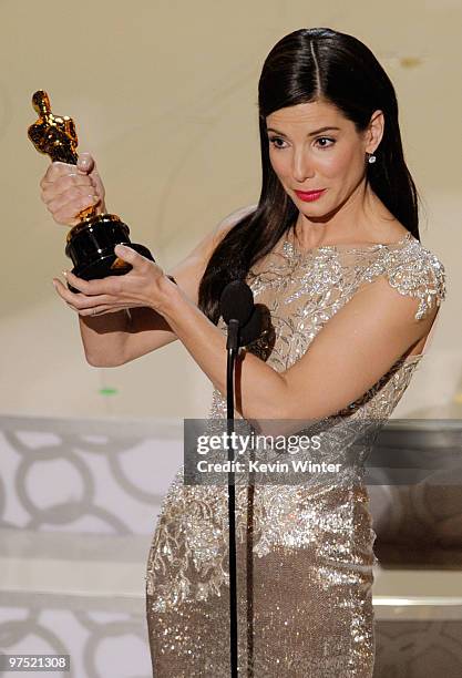 Actress Sandra Bullock accepts Best Actress award for "The Blind Side" onstage during the 82nd Annual Academy Awards held at Kodak Theatre on March...