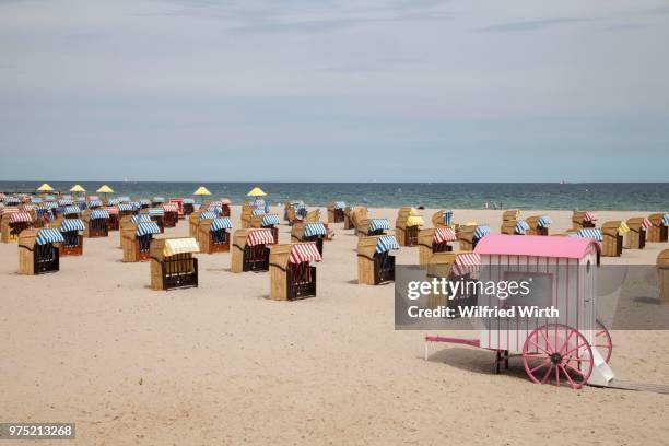 beach chairs on the sandy beach, travemuende, luebeck, schleswig-holstein, germany - travemuende stock pictures, royalty-free photos & images