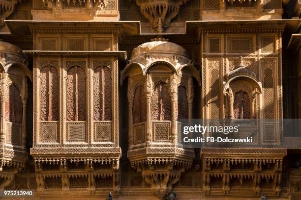 window, delicately decorated facade of patwon ki haveli or patwa ki haveli, jaisalmer, rajasthan, india - haveli stock pictures, royalty-free photos & images