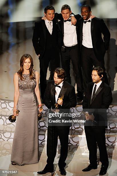 Director Kathryn Bigelow, screenwriter Mark Boal and producer Greg Shapiro, and actors Jeremy Renner, Brian Geraghty and Anthony Mackie accept Best...