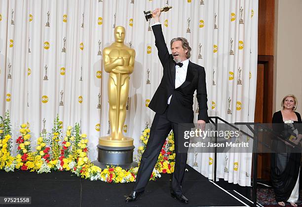 Actor Jeff Bridges, winner of Best Actor award for "Crazy Heart," poses in the press room at the 82nd Annual Academy Awards held at Kodak Theatre on...