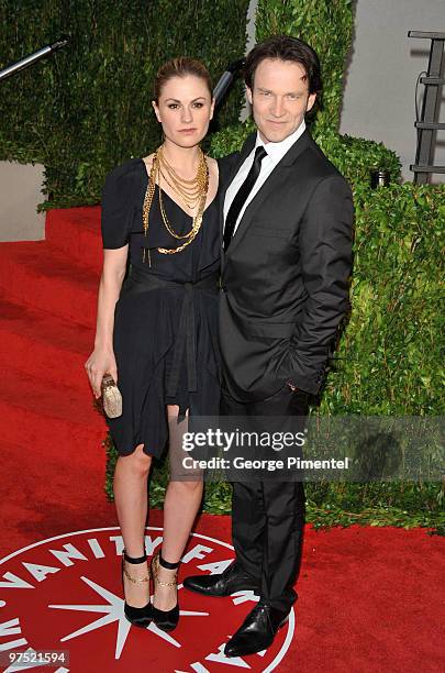 Actress Anna Paquin and actor Stephen Moyer arrive at the 2010 Vanity Fair Oscar Party Hosted By Graydon Carter at Sunset Tower on March 7, 2010 in...