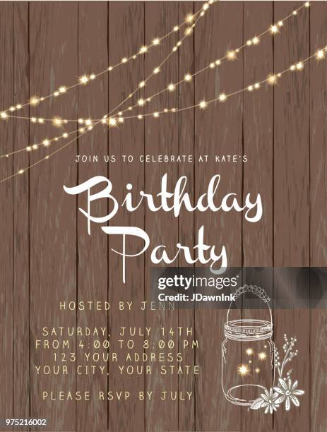 birthday party string lights and rustic wooden background design invitation template - party string stock illustrations